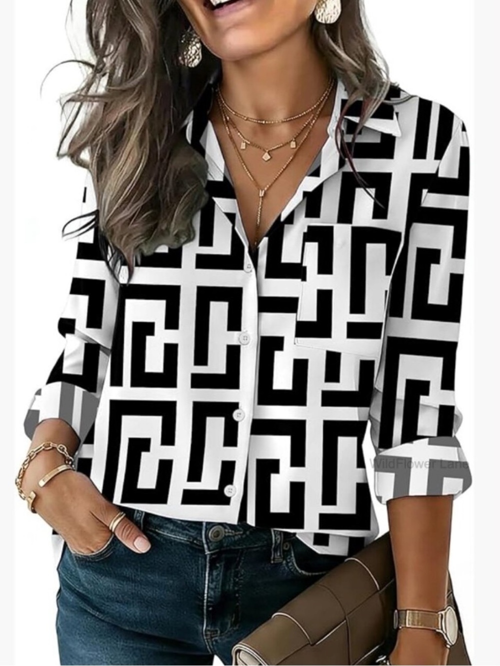 Womens Black & White Geometric Button-Up Shirt